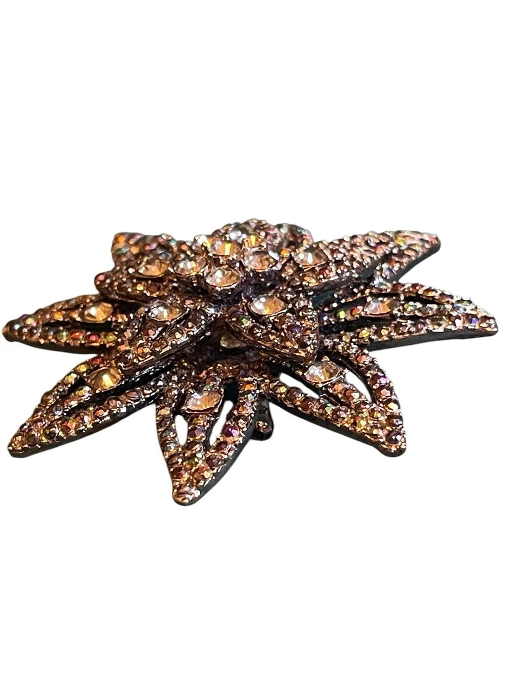Vintage Multi-Tiered Gunmetal Oil Slick Rhinestone Flower Brooch